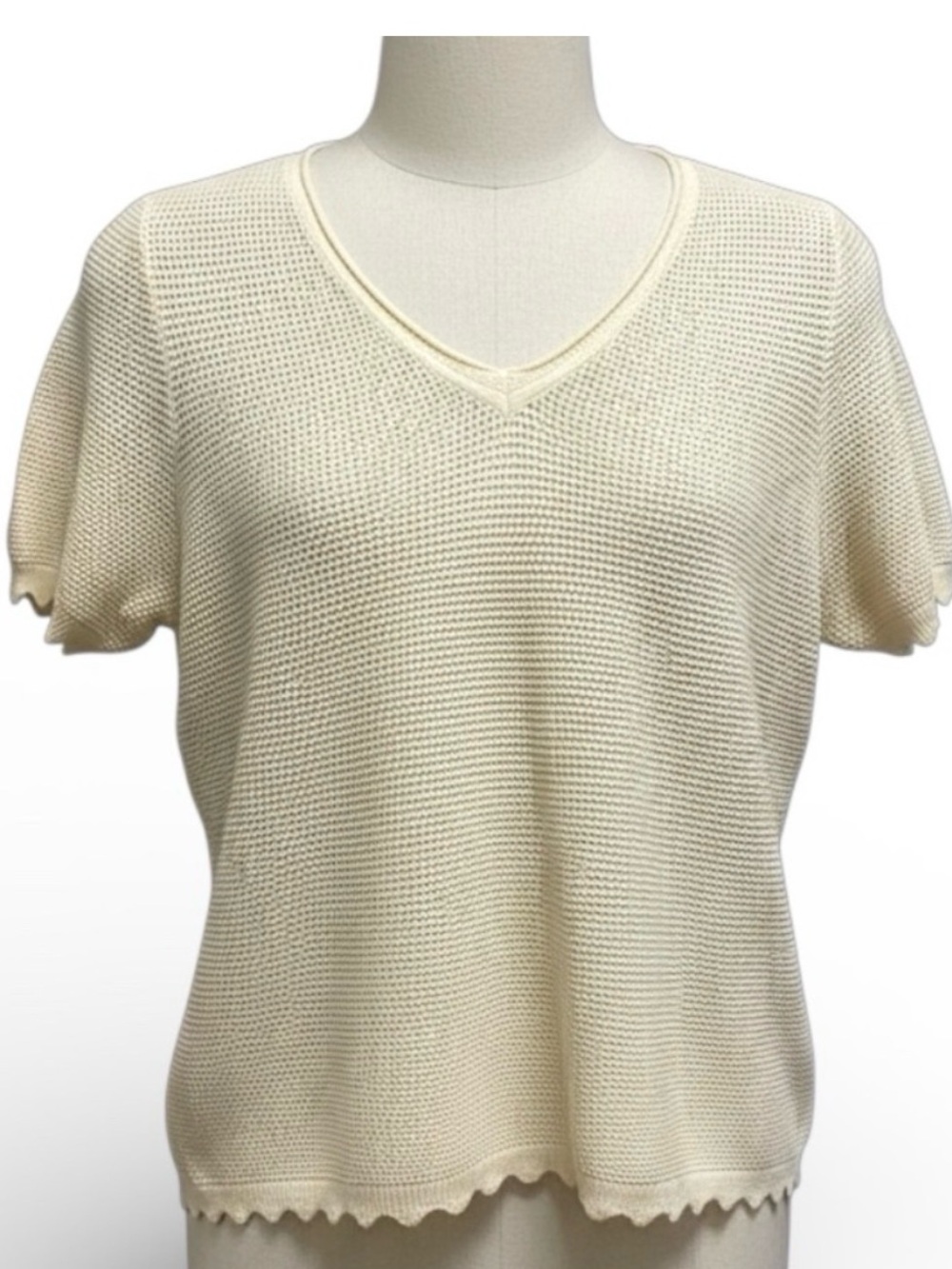 Wonderly Cream Textured Knit V Neck Top Short Sleeve Large